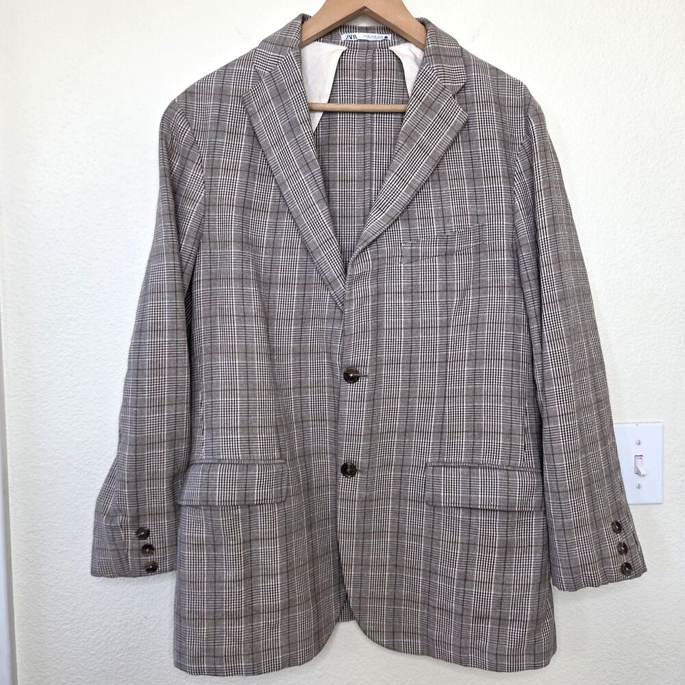 Zara Plaid Blazer Jacket Size 40 Brown Black Gray Single Breasted Mens Formal